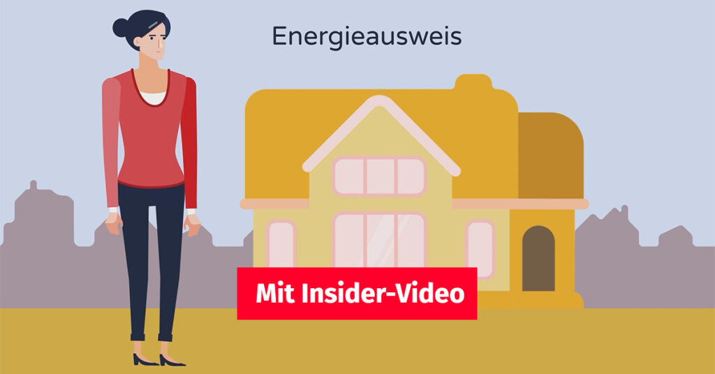 Illustration, Eine Immobilienverkäuferin steht vor einem Haus, im Hintergrund sieht man die Silhoutte einer Stadt, im Vordergrund ist ein Button "Mit Insider-Video" | Energieausweis