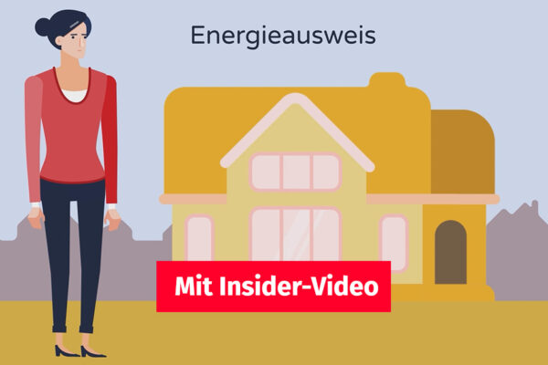 Illustration, Eine Immobilienverkäuferin steht vor einem Haus, im Hintergrund sieht man die Silhoutte einer Stadt, im Vordergrund ist ein Button "Mit Insider-Video" | Energieausweis