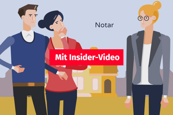 Animation: ein Paar lässt sich von einem Notar beraten, im Hintergrund steht ein Haus, und auf dem Bild befindet sich ein Button, auf dem steht "Mit Insider-Video" | Immobilienkauf Notar