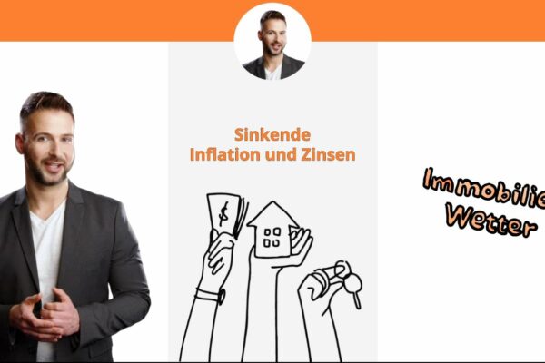 Links steht ein Mann und erklärt die Entwicklung an den Immobilienmärkten. In der Mitte ist sind Hände zu sehen, die stellvertretend für Inflation und Zinsen, Geldscheine, ein Haus und einen Schlüssel in der Hand halten