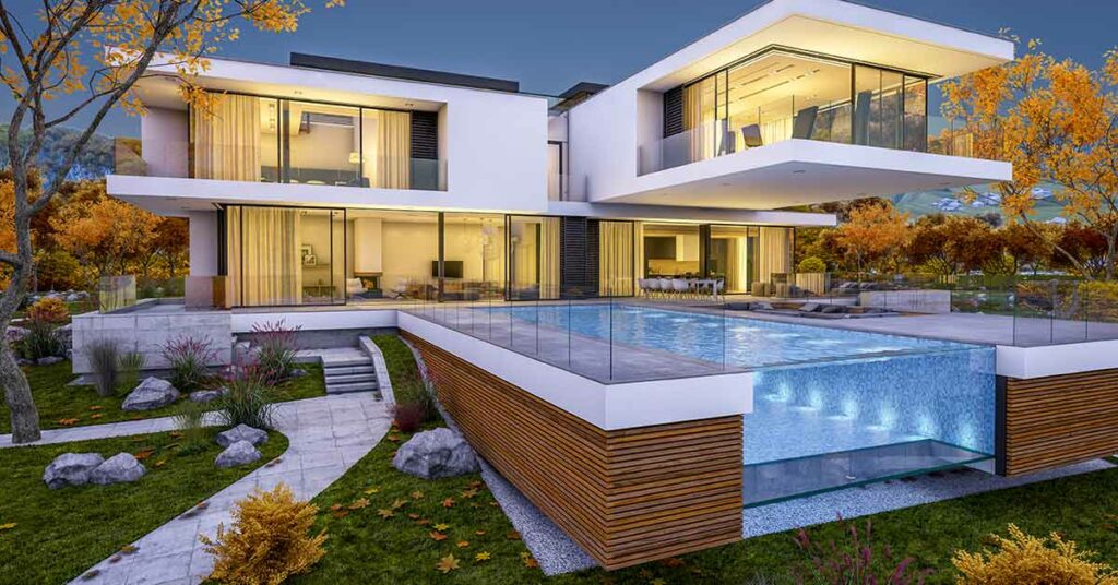 Rendering einer modernen Villa mit Infinity Pool | Immobilienverkauf